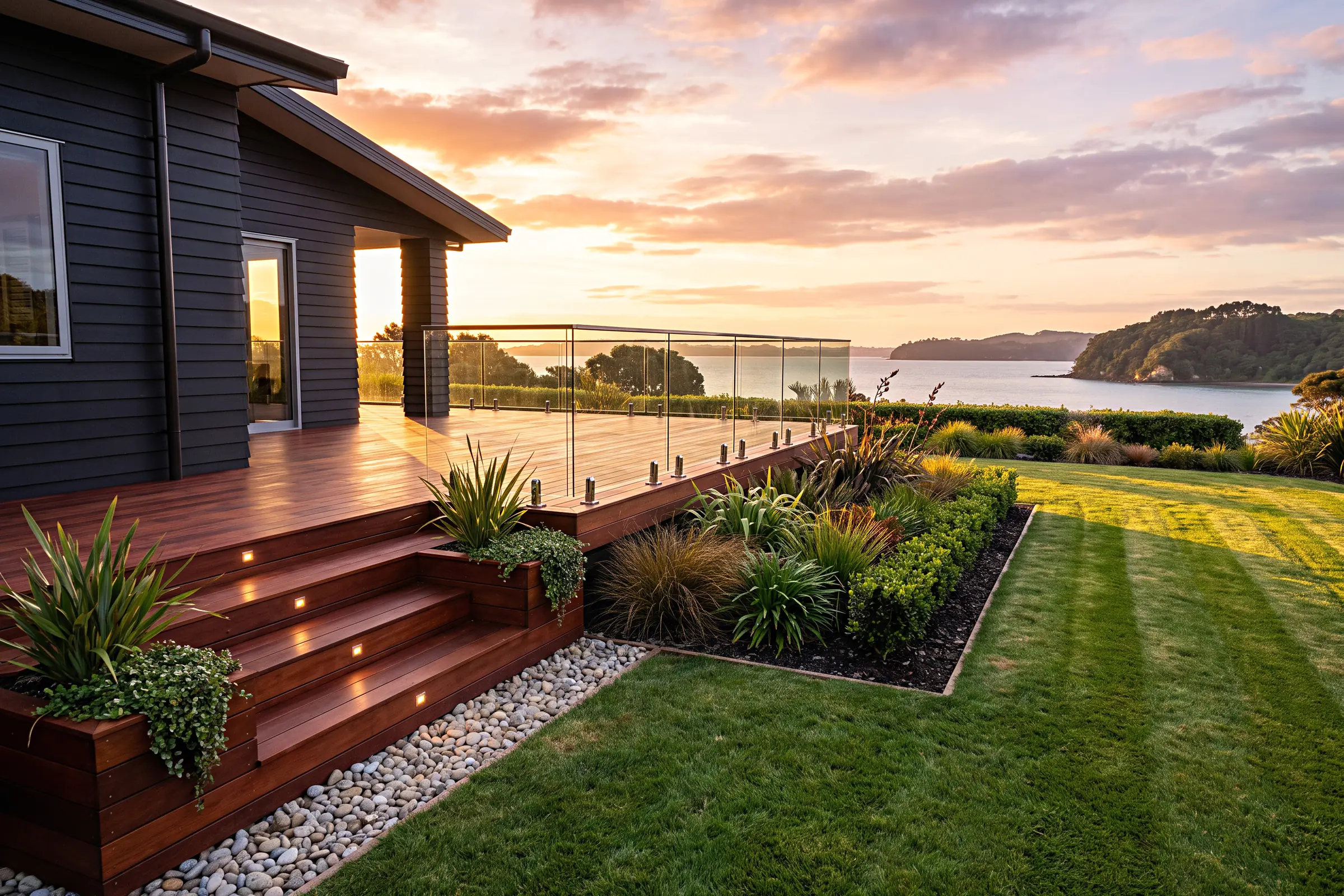 Oiled kwila deck with steps, a frameless glass balustrade, timber planters, coastal planting, a pebble edge and step lights at sunset, by Distinctive Landscapes