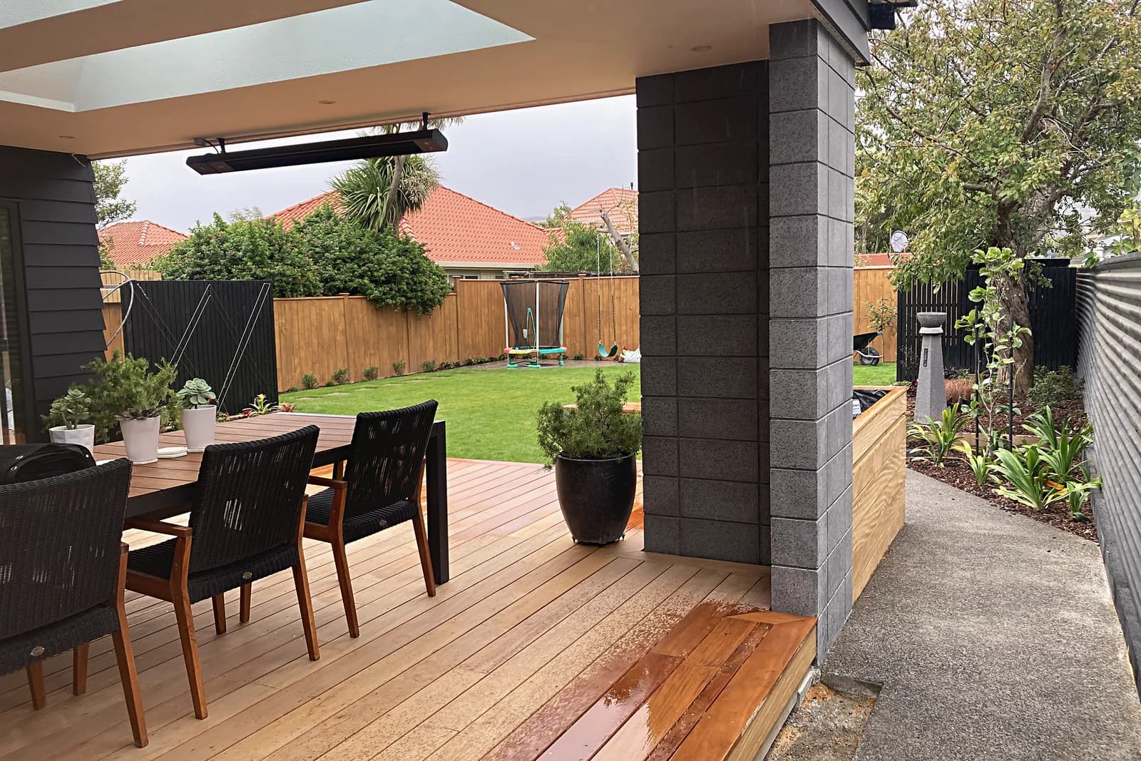 Covered hardwood deck with a lawn beyond, Woburn